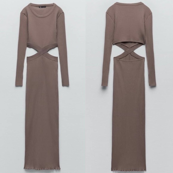 ZARA CUT-OUT RIBBED KNIT DRESS MINK BROWN - Picture 13 of 16